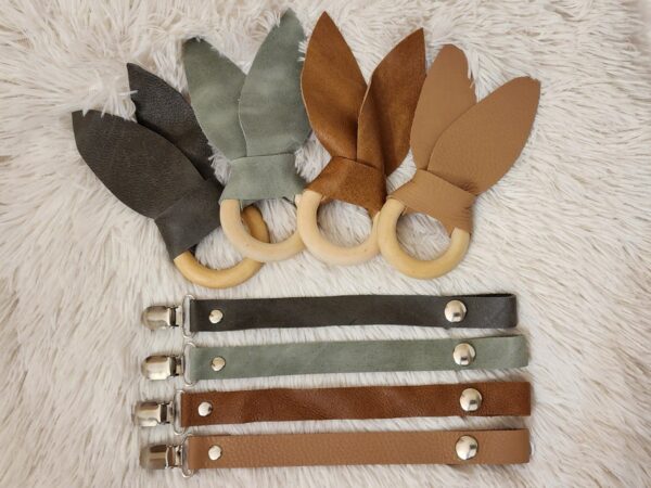 20240302_193308 Leather Bunny Ear Teether & Dummy Clip set